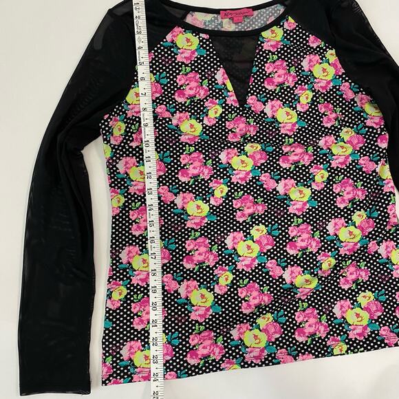 Betsey Johnson Blouse Long Mesh Sleeves Floral Polka dots Women's Size L - Picture 4 of 8